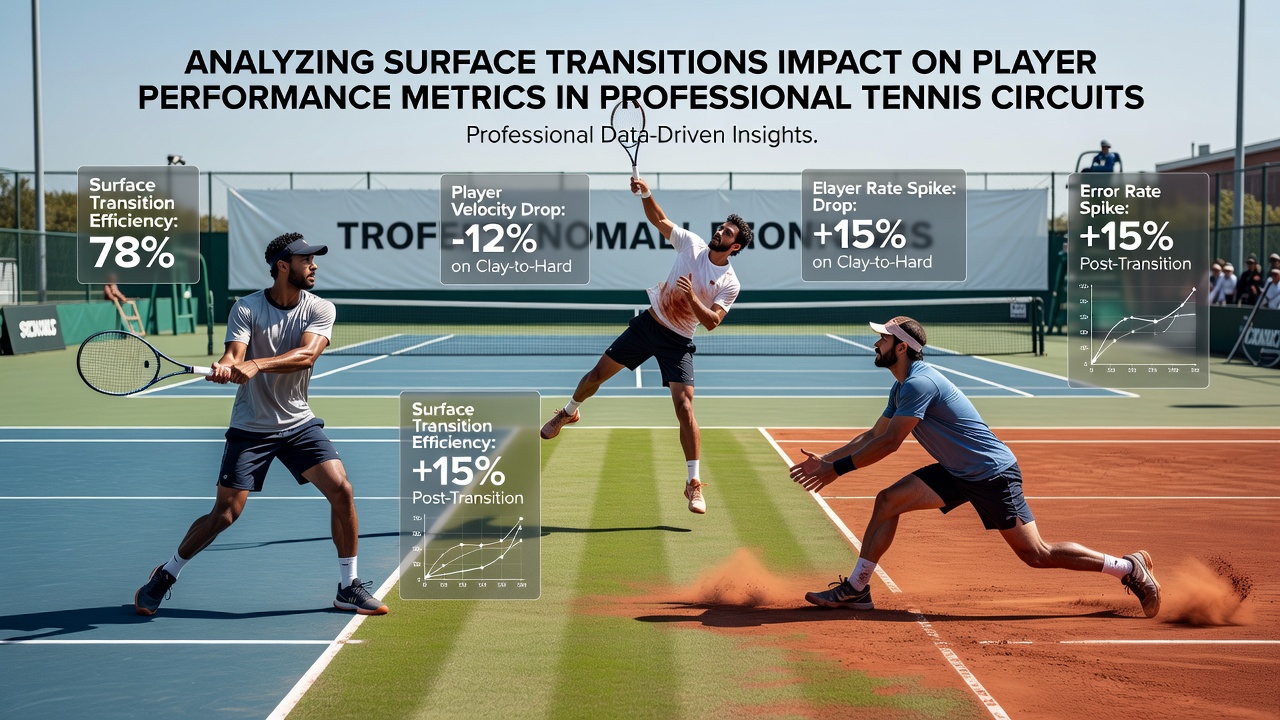 Tennis court surface transition showing clay to hard court changeover with players adapting movement patterns