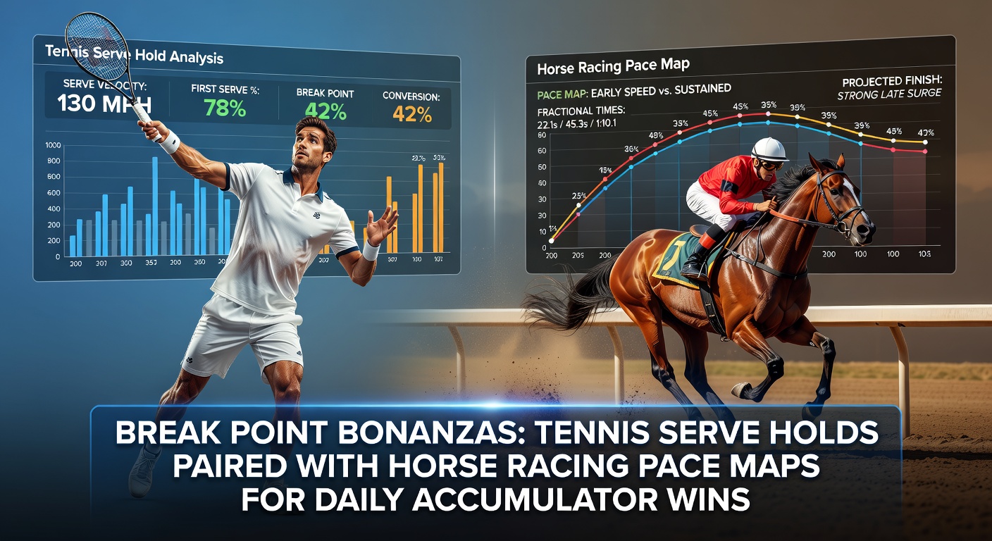 Tennis player serving on clay court with overlaid horse racing pace map graphics highlighting front-runner and closer positions