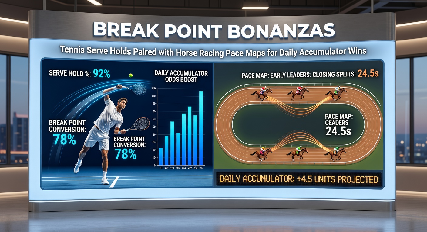 Split graphic showing tennis serve analytics dashboard next to a colorful horse racing pace map with speed figures and runner positions marked