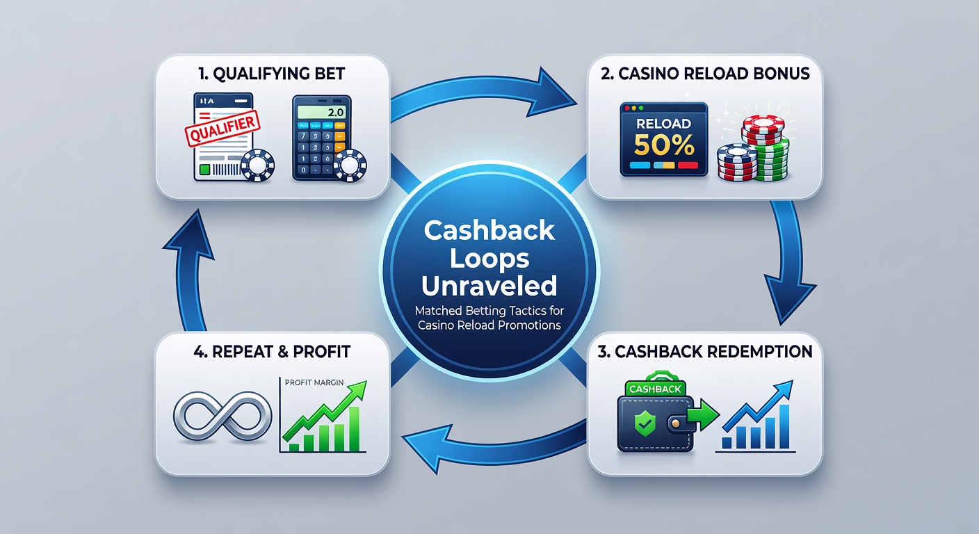 Screenshot of a casino dashboard displaying active reload bonus and cashback offer details during a matched betting session