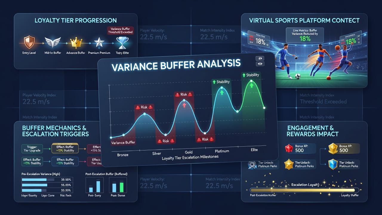 Dashboard view of tier escalation paths and variance buffer allocation charts in a virtual sports platform