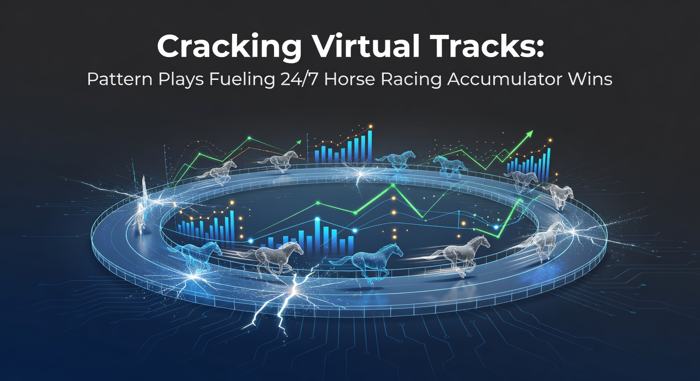 Digital simulation of a vibrant virtual horse race with horses thundering down a synthetic track under stadium lights, highlighting the non-stop action of 24/7 betting