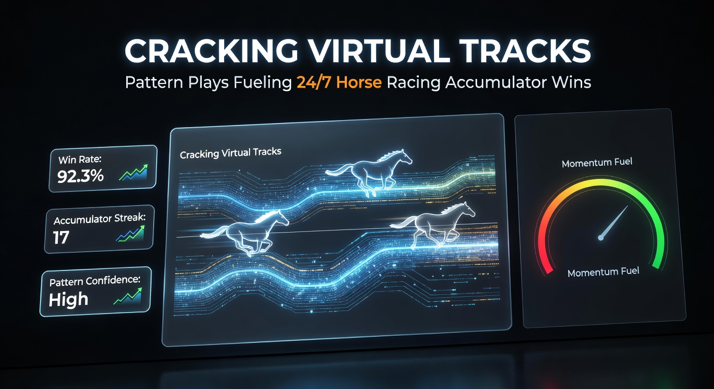 Close-up of a virtual betting interface displaying multiple accumulator slips on horse races, with glowing odds and pattern charts overlayed, capturing the strategic depth of 24/7 wagering