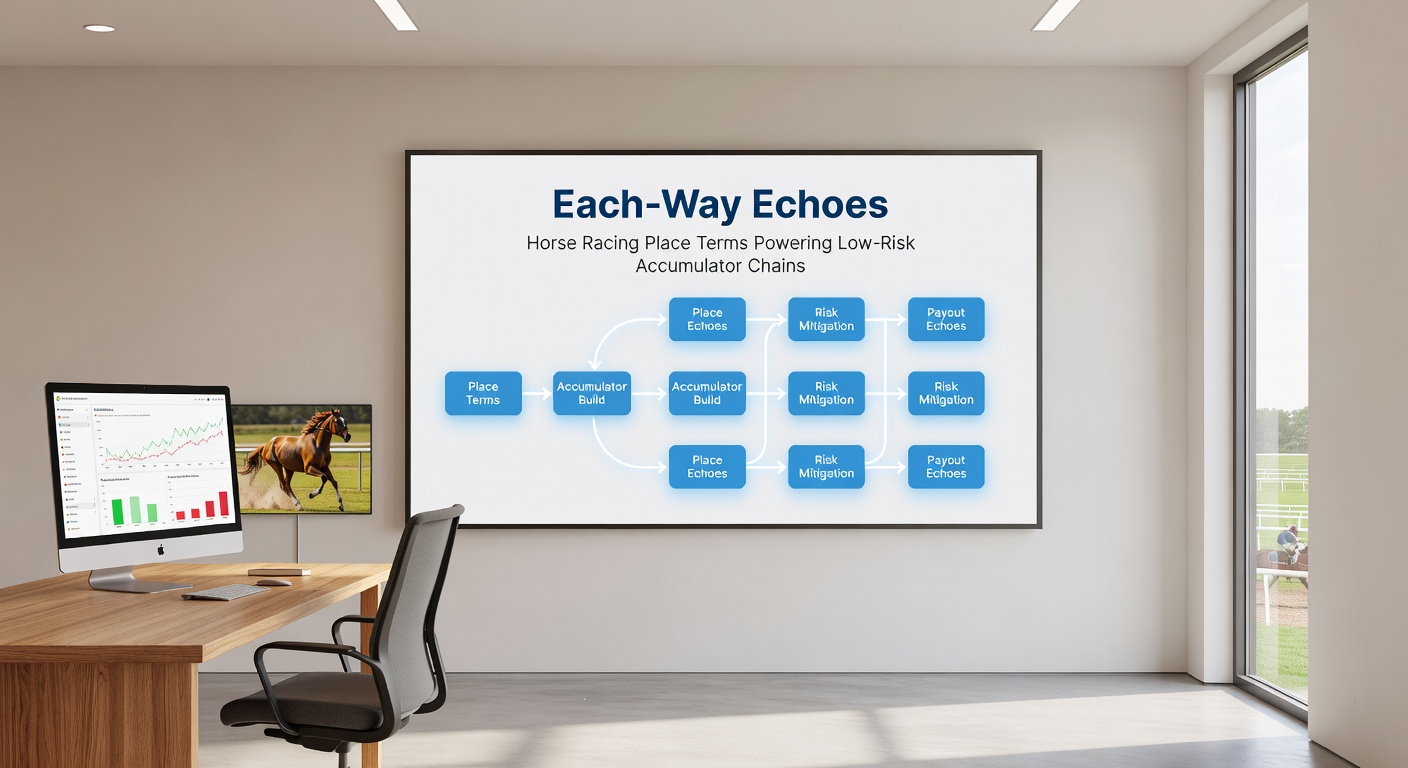 Close-up of betting slip showing each-way accumulator chain with place terms highlighted, overlaid on a racetrack graphic