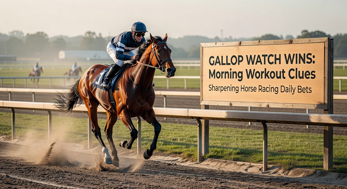 A horse galloping during a morning workout session on a training track at dawn, with a stopwatch visible in the foreground highlighting precise timing data