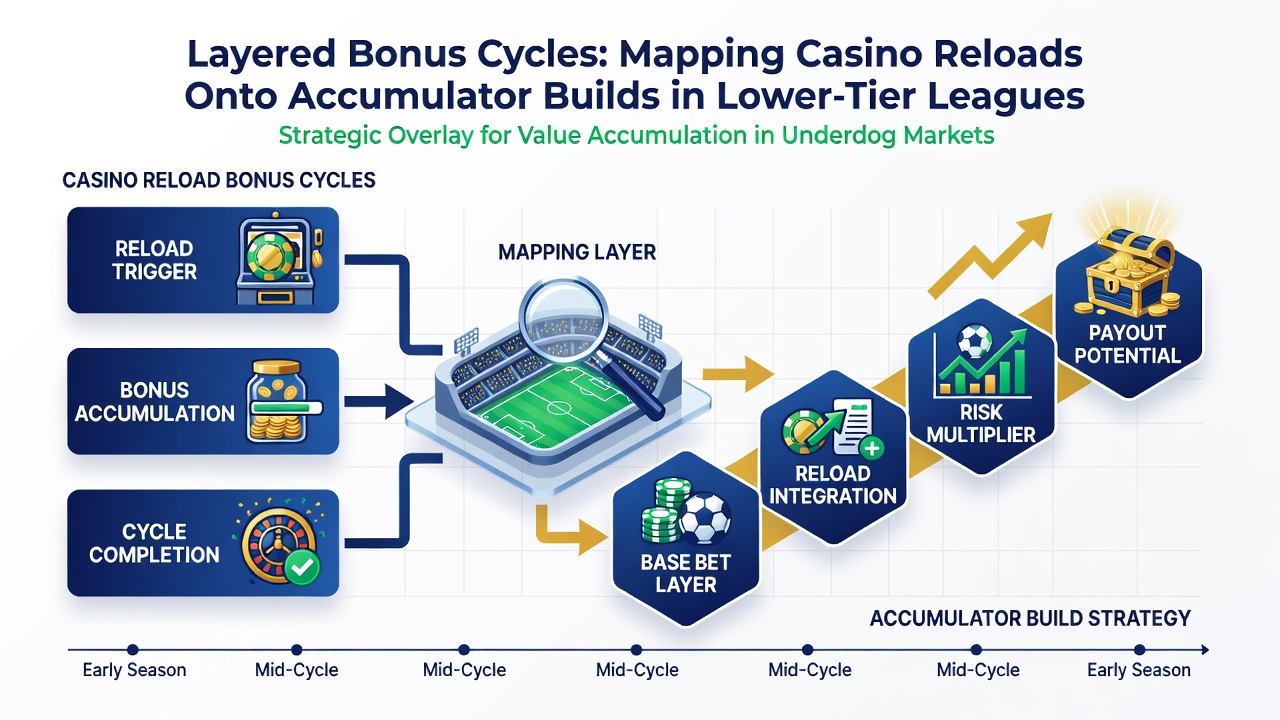 Diagram mapping casino reload timelines onto accumulator build sequences for lower-league football matches