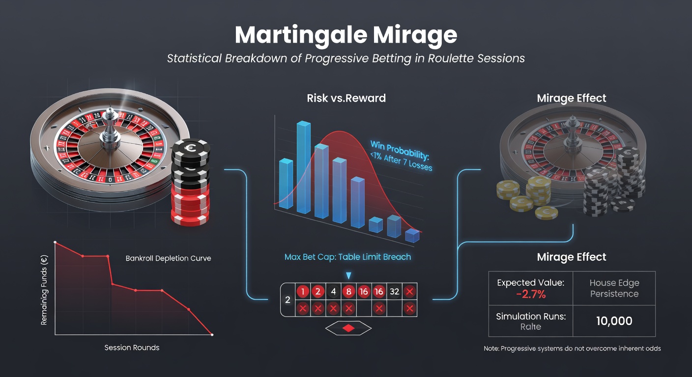 Visual representation of escalating Martingale bets on a roulette table, showing chip stacks doubling after each loss