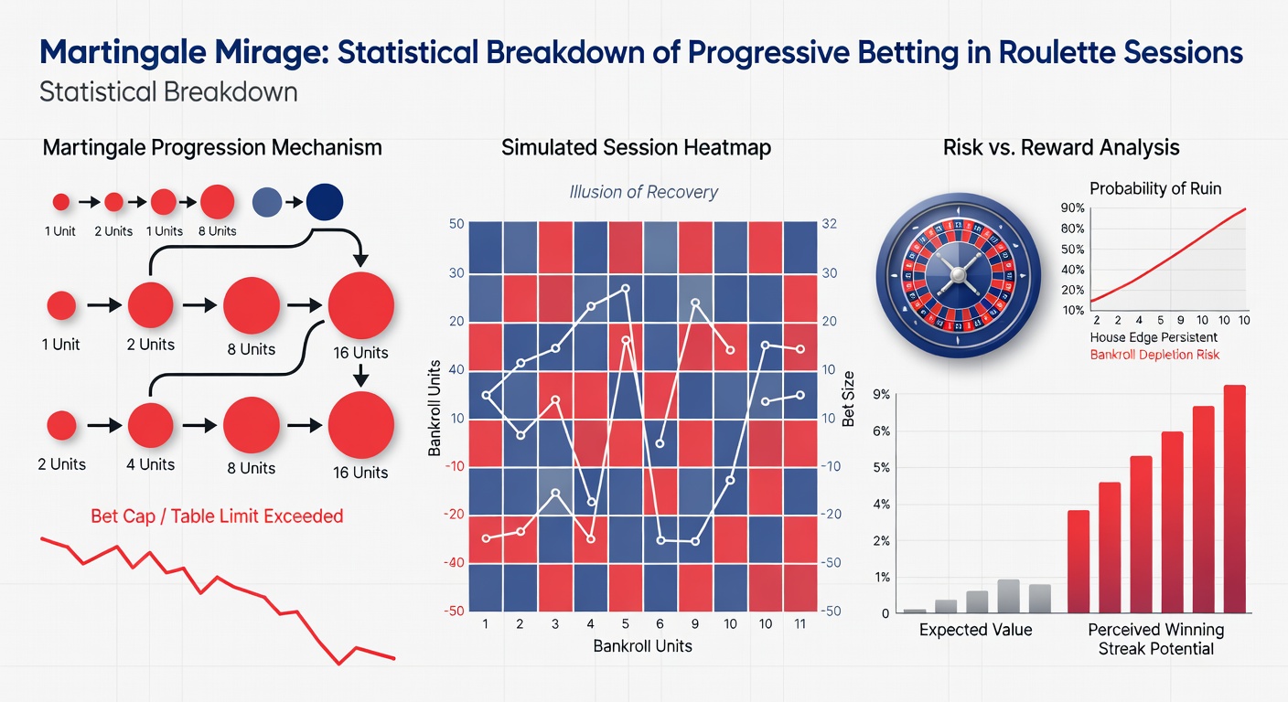 Graph depicting exponential bet growth in Martingale versus steady losses from house edge over multiple roulette sessions