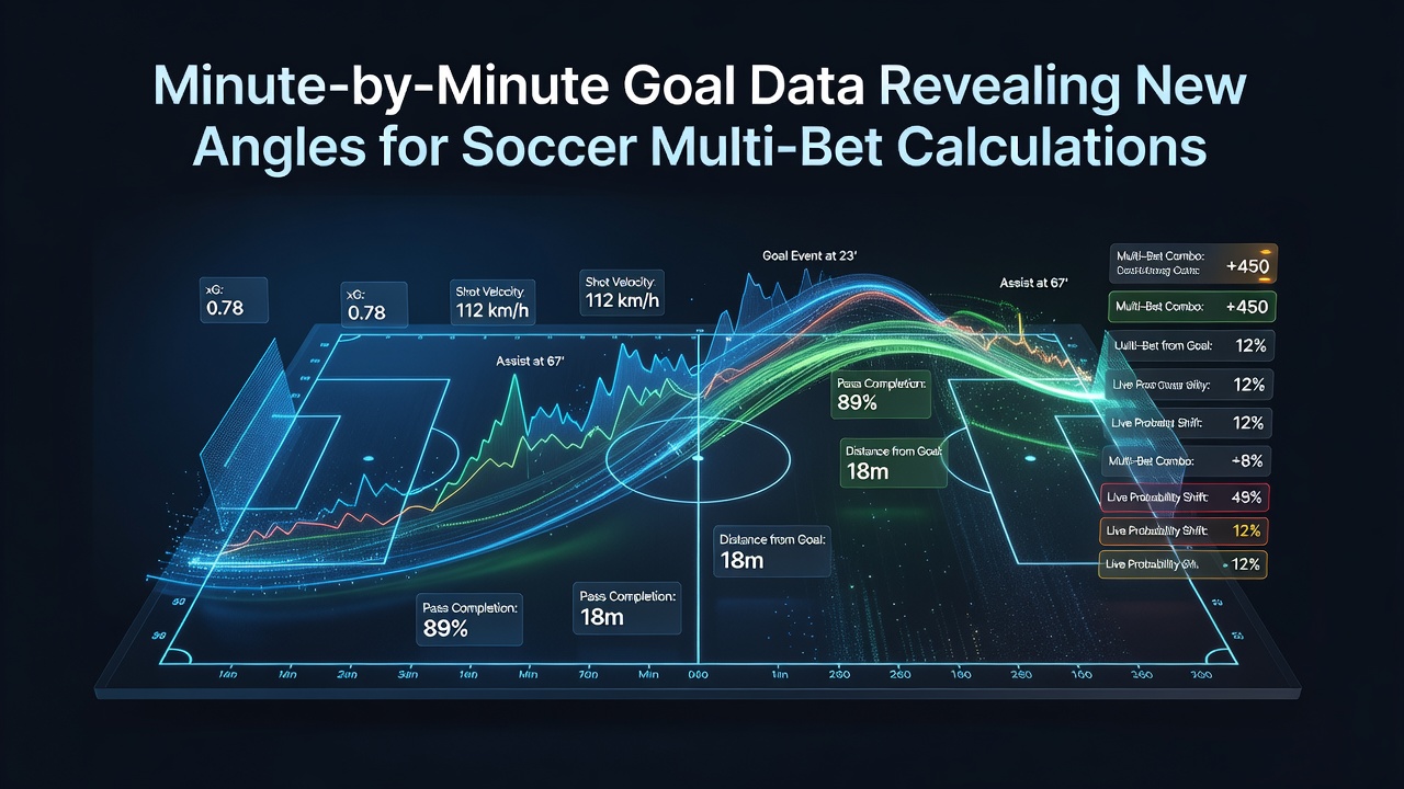 Soccer pitch with overlaid minute-by-minute goal timing charts and multi-bet calculation interfaces