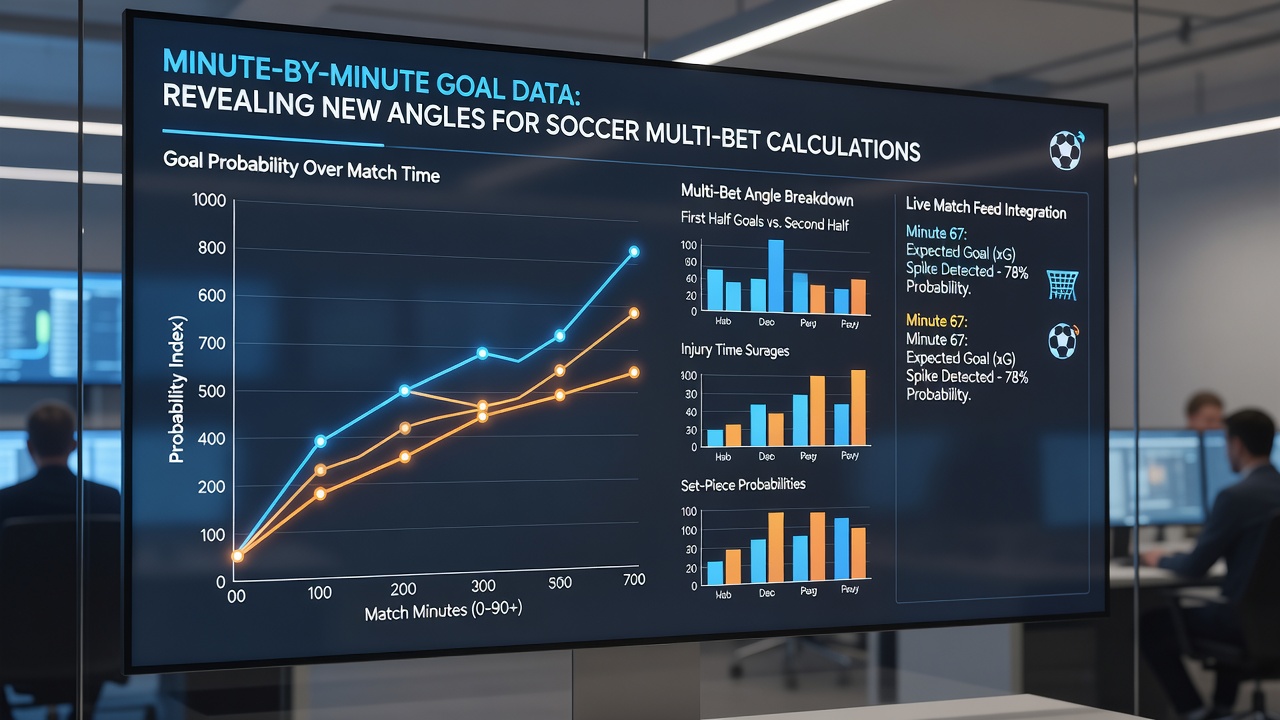 Detailed soccer goal timing heatmap showing clustering in later minutes alongside accumulator payout tables