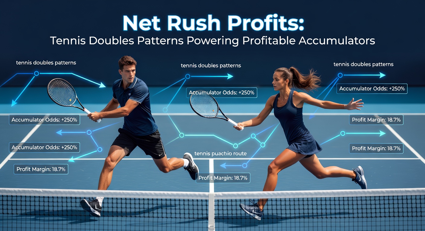 Tennis doubles players rushing the net during an intense match point, highlighting aggressive play patterns