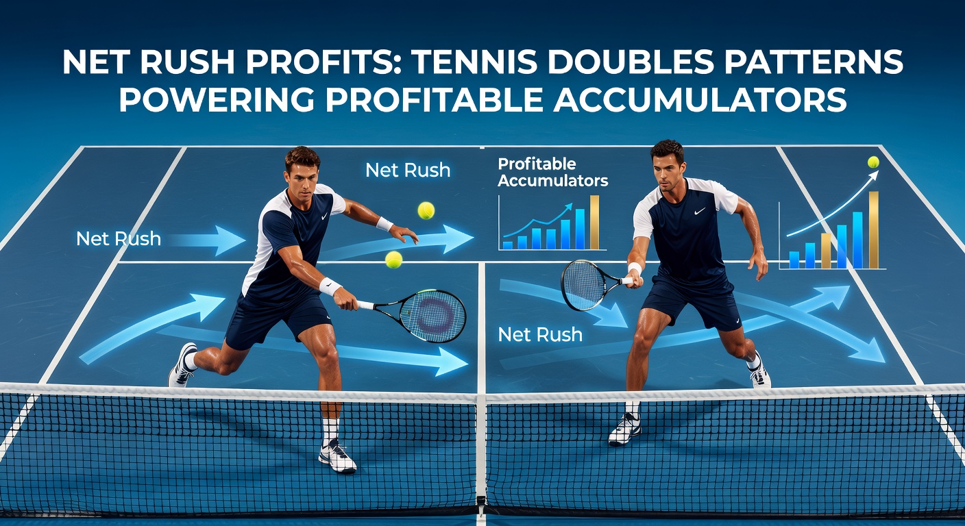Close-up of a tennis doubles serve-volley play, with the net player poaching for a winner