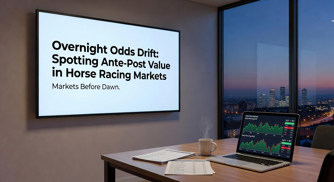 Silhouetted horses galloping at dawn on a misty racetrack, overlaid with shifting betting odds charts highlighting overnight drifts