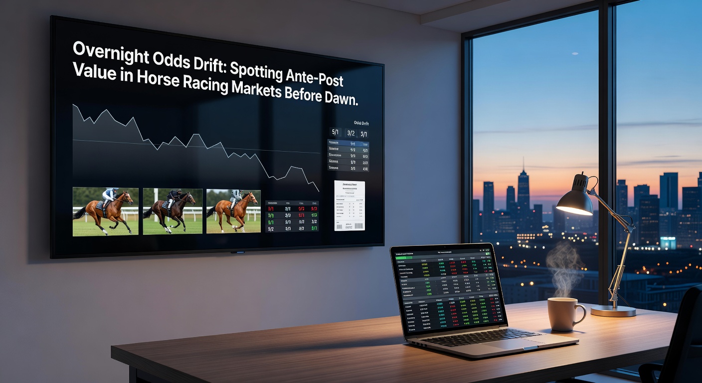 Close-up of a betting screen at dawn showing odds drifting on ante-post horse selections, with graphs illustrating price movements overnight