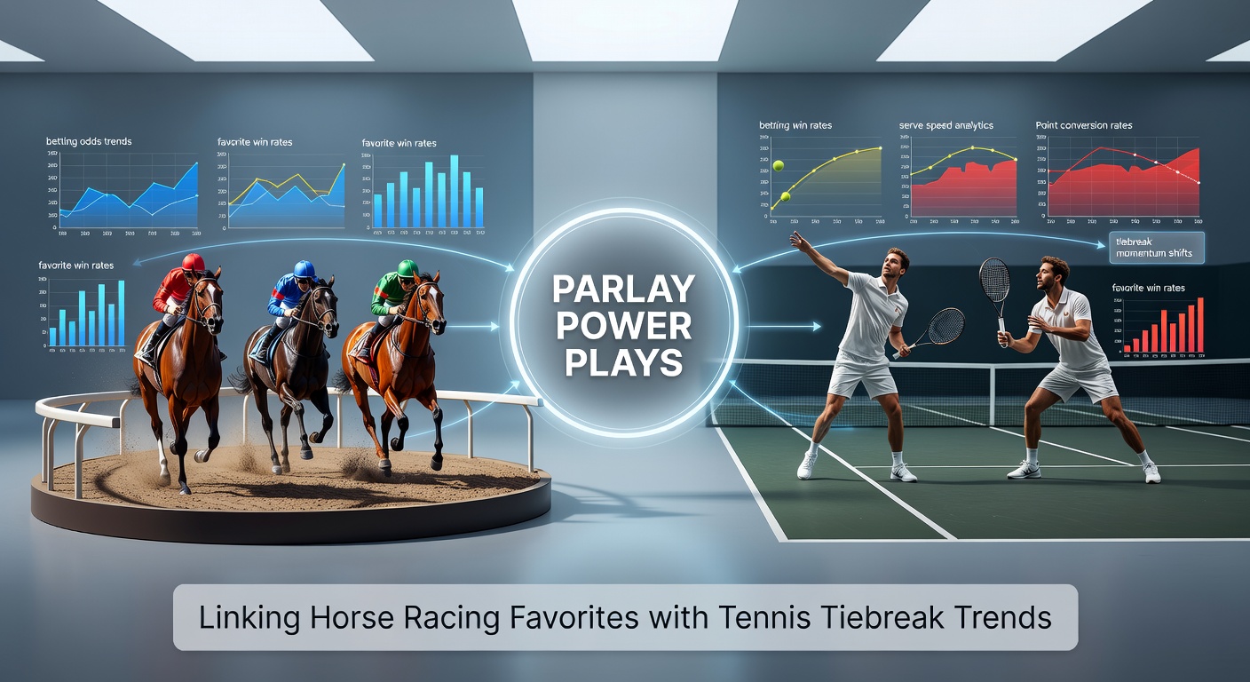 Close-up of a parlay bet slip combining a horse racing favorite selection with a tennis tiebreak winner, overlaid on racecourse and court visuals