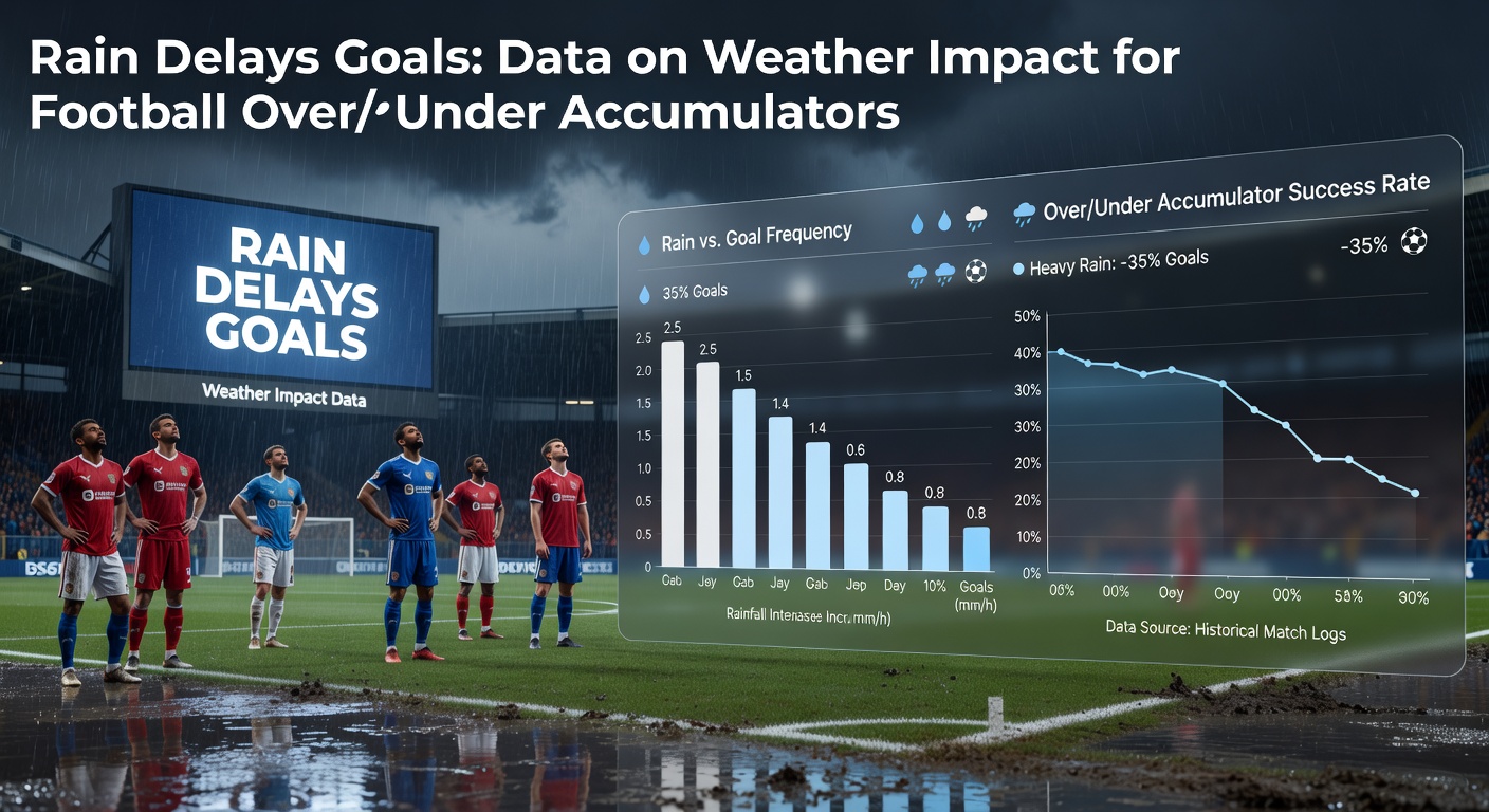 A Premier League football match underway on a rain-drenched pitch, with players slipping and the ball heavy from water