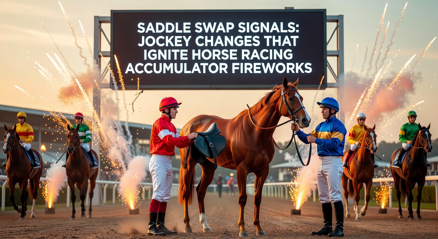 A jockey mid-race, switching saddles in a dynamic horse racing scene, highlighting the intensity of accumulator bets