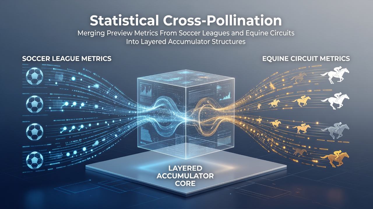 Data visualization showing soccer league metrics blended with equine racing statistics in layered accumulator models