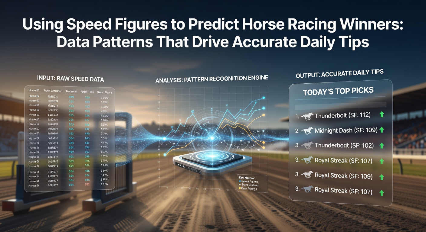 Close-up of a racehorse charging down the stretch with overlaid speed figure annotations and performance graphs