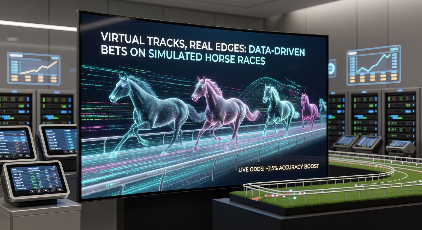 A vibrant digital simulation of horse racing on a virtual track, with colorful horses sprinting under stadium lights, highlighting the blend of technology and traditional betting excitement