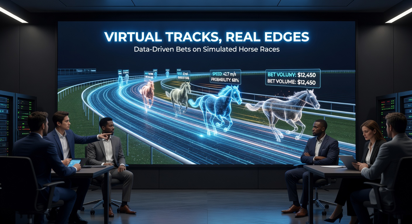 Close-up of a data dashboard displaying virtual horse racing stats, graphs of win probabilities, stall biases, and speed figures overlayed on a simulated race replay