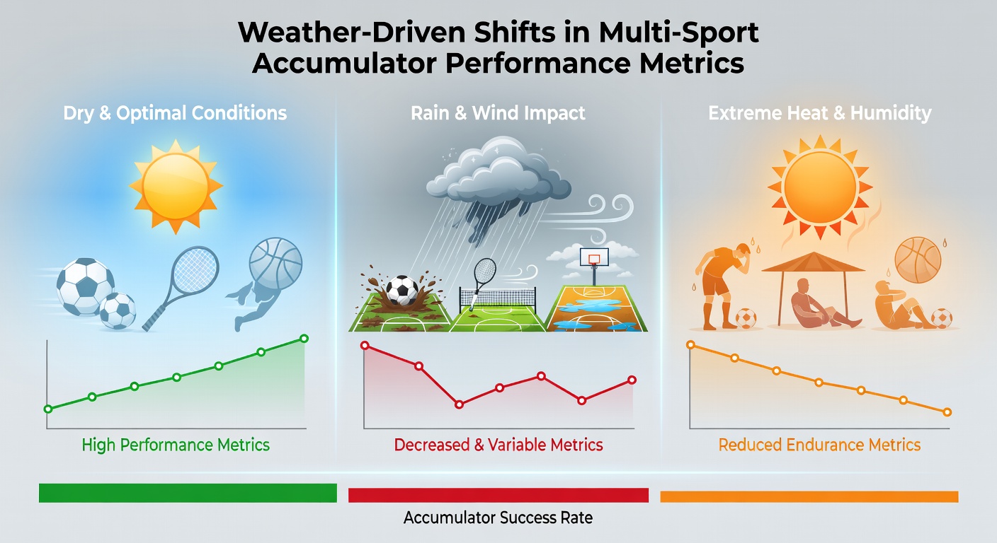 Weather data charts overlaying sports fields and betting interfaces showing accumulator performance trends
