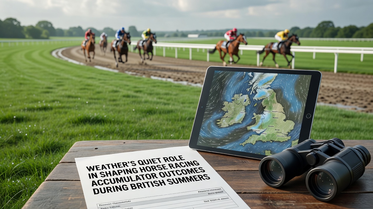 British summer racecourse with changing weather conditions affecting the track surface and horses in action