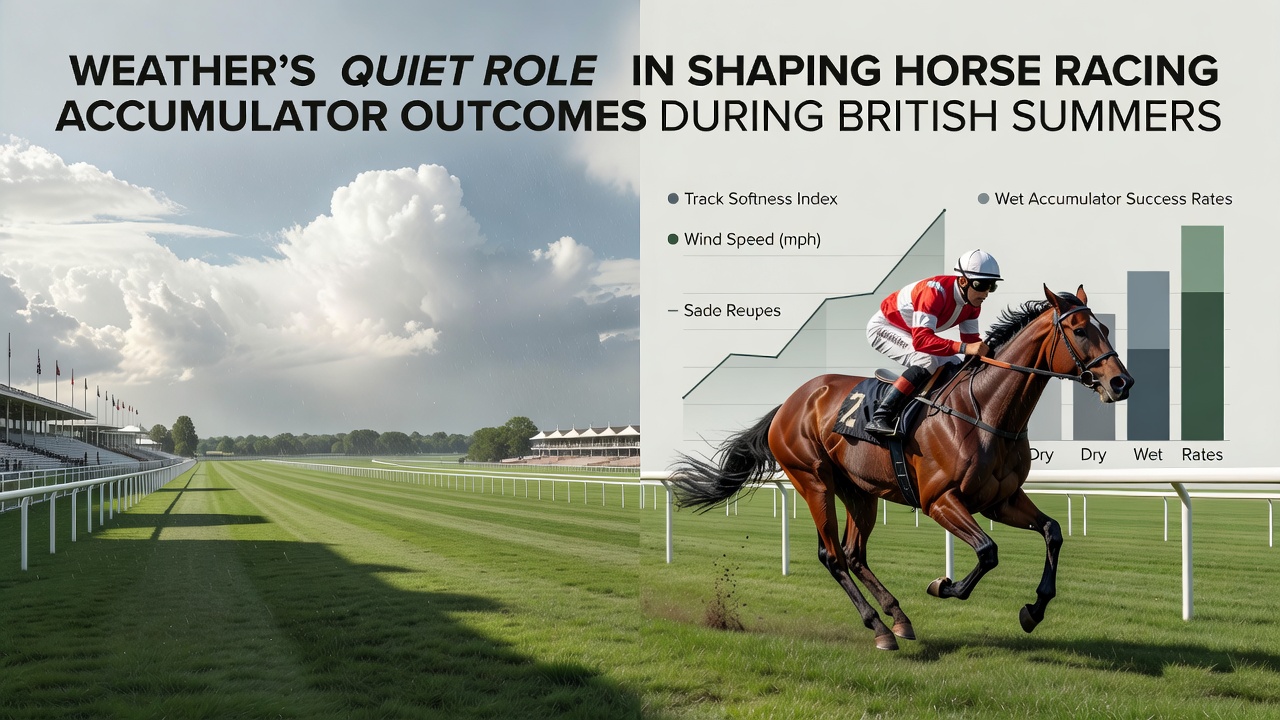 Horses racing on a rain-softened track during a British summer meeting with cloudy skies overhead